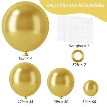 RUBFAC 129pcs Metallic Gold Balloons Latex Balloons Different Sizes 18 12 10 5 Inch Party Balloon Ki...