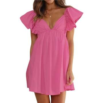 MASKAZU Women's Casual Summer Flounce Sleeve Bow Tie Back Mini Babydoll Dress Rose S