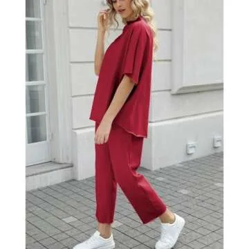 SeeLuNa Women's Two Piece Outfits 3/4 Batwing Sleeve Capelet Crew Neck Pullover Top Wide Leg Pants Lounge Set(Wine Red,M)