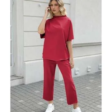 SeeLuNa Women's Two Piece Outfits 3/4 Batwing Sleeve Capelet Crew Neck Pullover Top Wide Leg Pants Lounge Set(Wine Red,M)