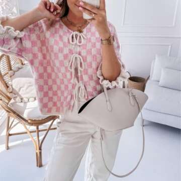 Y2K Tie Front Cardigan Sweater for Women in Pink