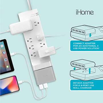 iHome Power Rover Power Strip & Slim USB Wall Charger Bundle: Detachable Multiport USB Charger & 6 ft Extension Cord Multi Plug Outlet Extender, 9 AC Outlet Power Strip Surge Protector