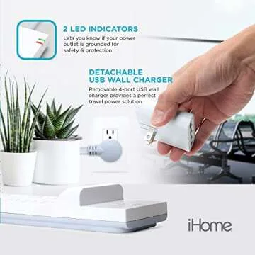 iHome Power Rover Power Strip & Slim USB Wall Charger Bundle: Detachable Multiport USB Charger & 6 ft Extension Cord Multi Plug Outlet Extender, 9 AC Outlet Power Strip Surge Protector