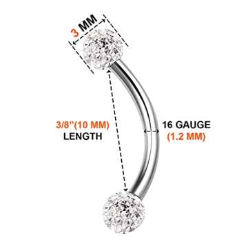 2PCS Surgical Steel Curved Barbell Ring with Clear Crystal Ball for Multi-Piercings