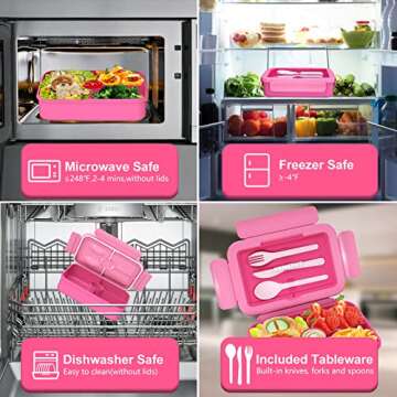 KEMETHY Bento Lunch Box for Kids, 4 Compartment Leak Proof Lunchbox with Tableware Kids boxes School, Microwave/Dishwasher/Freezer Safe, BPA-Free and Reusable, Pink