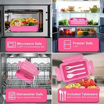 KEMETHY Bento Lunch Box for Kids, 4 Compartment Leak Proof Lunchbox with Tableware Kids boxes School, Microwave/Dishwasher/Freezer Safe, BPA-Free and Reusable, Pink