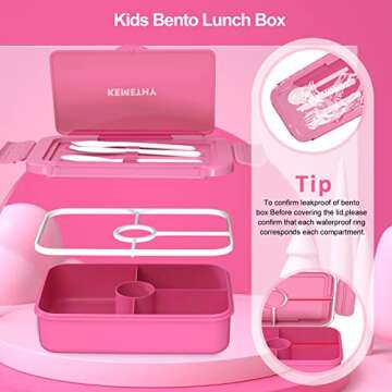 KEMETHY Bento Lunch Box for Kids, 4 Compartment Leak Proof Lunchbox with Tableware Kids boxes School, Microwave/Dishwasher/Freezer Safe, BPA-Free and Reusable, Pink