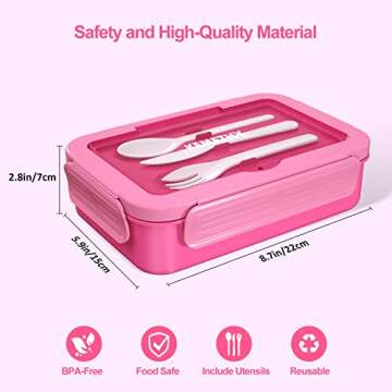 KEMETHY Bento Lunch Box for Kids, 4 Compartment Leak Proof Lunchbox with Tableware Kids boxes School, Microwave/Dishwasher/Freezer Safe, BPA-Free and Reusable, Pink