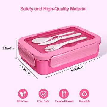KEMETHY Bento Lunch Box for Kids, 4 Compartment Leak Proof Lunchbox with Tableware Kids boxes School, Microwave/Dishwasher/Freezer Safe, BPA-Free and Reusable, Pink