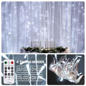 SINAMER Curtain Light for Bedroom, 200LED 6.6x6.6ft White Window Wall Hanging Fairy Curtain String Light, 8 Modes Remote Fairy String Lights Indoor for Wedding Party Home Garden Decorations