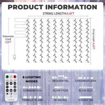 SINAMER Curtain Light for Bedroom, 200LED 6.6x6.6ft White Window Wall Hanging Fairy Curtain String Light, 8 Modes Remote Fairy String Lights Indoor for Wedding Party Home Garden Decorations