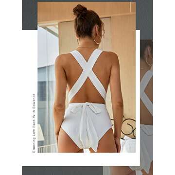 MOLYBELL Women's Criss Cross One Piece Deep Plunge V Neck Monokini High Waisted Knot Tummy Control Swimsuit S Size White Swimwear