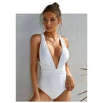 MOLYBELL Women's Criss Cross One Piece Deep Plunge V Neck Monokini High Waisted Knot Tummy Control Swimsuit S Size White Swimwear
