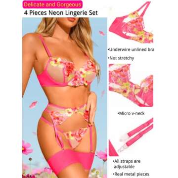 Kaei&Shi Glow in the Dark Lingerie Set | Underwire Floral Sexy 4 Piece Set