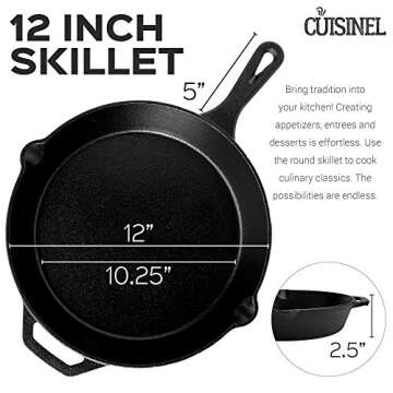Cuisinel Pre-Seasoned Cast Iron Skillet (12-Inch) with Handle Cover Oven Safe Cookware - Heat-Resistant Holder - Indoor and Outdoor Use - Grill, Stovetop, Induction Safe. New Version