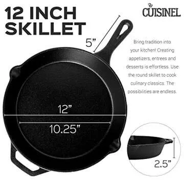 Cuisinel Pre-Seasoned Cast Iron Skillet (12-Inch) with Handle Cover Oven Safe Cookware - Heat-Resistant Holder - Indoor and Outdoor Use - Grill, Stovetop, Induction Safe. New Version