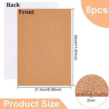 BENECREAT 8 Pack 8.3" x 11.8" Self-Adhesive A4 Size Cork Sheets(2mm Thick) Rectangle Insulation Cork...