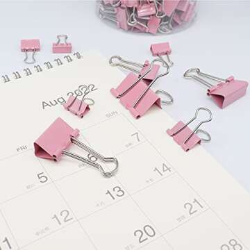 Binder Clip Paper Clamps, Assorted Sizes (Mini, Small, Medium, Large), 100 Pcs Clips for Office School Supplies (Pink)