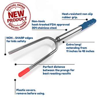 anytime family Extending Marshmallow Roasting Sticks 45" - 6 Premium Telescoping STAINLESS STEEL S’mores Skewers; Campfire, fire pit, camping. S'mores recipes eBook (Multicolor, 6 sticks)