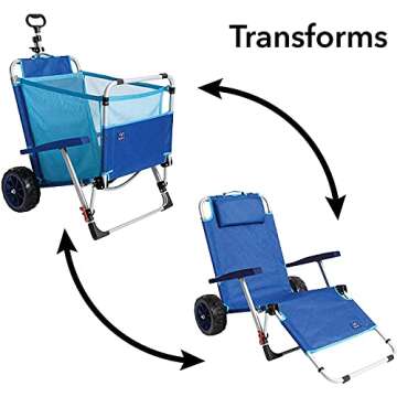 Zeyacaif 2-in-1 Portable Blue Beach Day Folding Lounge Chair & Cargo Cart - Sunbathing Sun Chair with Lock, Comfortable Recliner, Large Capacity Net Basket, All-Terrain Wheels