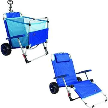 Zeyacaif 2-in-1 Portable Blue Beach Day Folding Lounge Chair & Cargo Cart - Sunbathing Sun Chair with Lock, Comfortable Recliner, Large Capacity Net Basket, All-Terrain Wheels