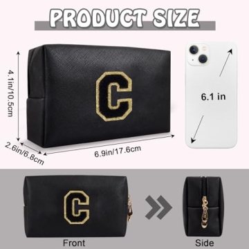 Personalized Initial Preppy Patch Makeup Bag - Cute Black Travel Pouch with Zipper for Makeup
