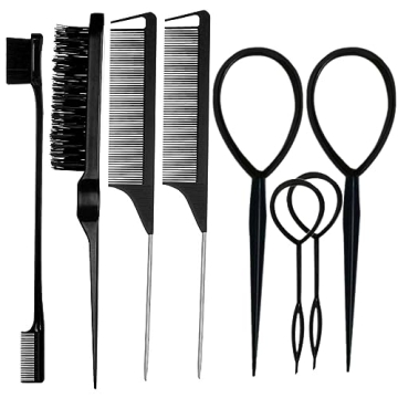 ZVOREI 8Pcs Black Hair Brushes Set with Topsy Tail Tools for Easy Styling