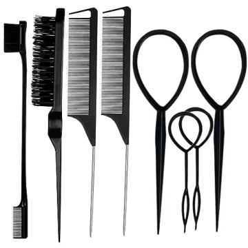ZVOREI 8Pcs Black Hair Brushes Set with Topsy Tail Tools for Easy Styling