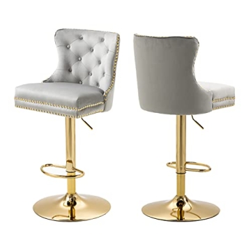 Homtique Bar Stool Set of 2, Adjustable Counter Height Barstool with Tufted High Back and Gold Base ...