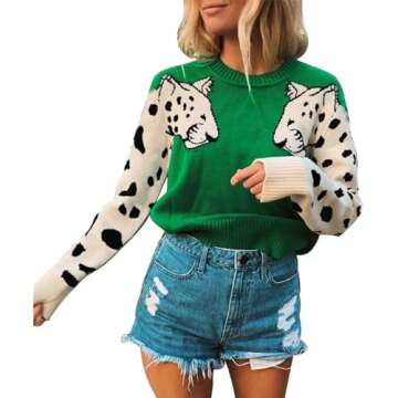 Angashion Women's Sweaters Casual Floral Printed Patchwork Long Sleeves Knitted Pullover Cropped Sweater Tops Green S