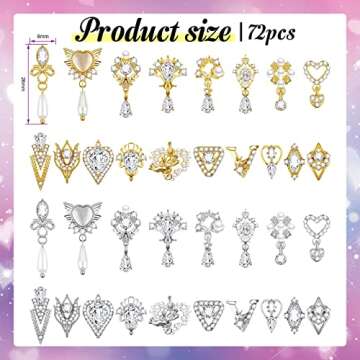 72 Pcs Nail Jewelry Rhinestones 3D Heart Nail Charms Pearl Nail Gems Silver Nail Charms Dangle Nail ...