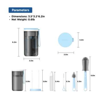 YOTIME Travel Baby Bottle Brush Set with Portable Silicone Bottle Brush, Nipple Cleaner Brush, Straw Brush, Soap Dispenser and Bottle Drying Rack, Blue