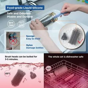 YOTIME Travel Baby Bottle Brush Set with Portable Silicone Bottle Brush, Nipple Cleaner Brush, Straw Brush, Soap Dispenser and Bottle Drying Rack, Blue