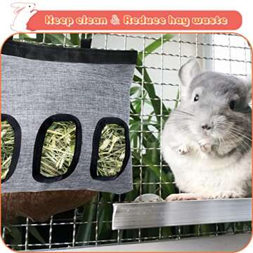 Rabbit Hay Feeder Bag, Guinea Pig Hay Feeder Storage with 3 Holes, Small Animal Pet Large Hanging Hay Feeder,600D Oxford Fabric (Gray)