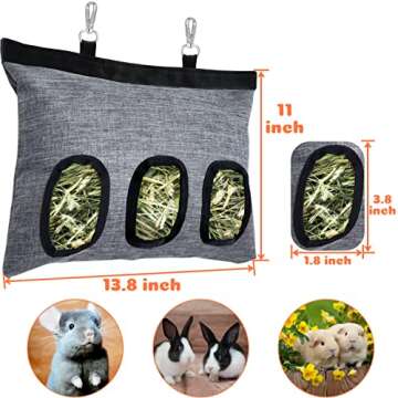 Rabbit Hay Feeder Bag, Guinea Pig Hay Feeder Storage with 3 Holes, Small Animal Pet Large Hanging Hay Feeder,600D Oxford Fabric (Gray)