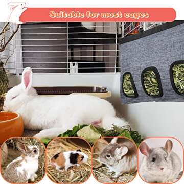 Rabbit Hay Feeder Bag, Guinea Pig Hay Feeder Storage with 3 Holes, Small Animal Pet Large Hanging Hay Feeder,600D Oxford Fabric (Gray)