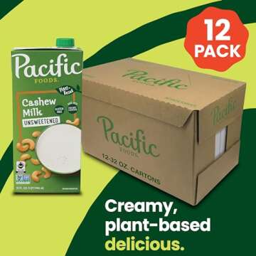 Pacific Foods Original Unsweetened Cashew Milk, Plant Based Milk, 32 oz Carton (Case of 6)
