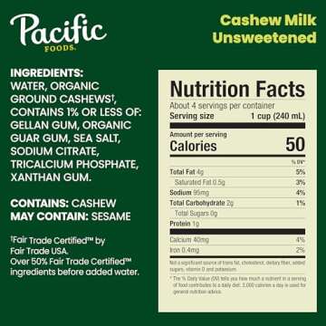 Pacific Foods Original Unsweetened Cashew Milk, Plant Based Milk, 32 oz Carton (Case of 6)