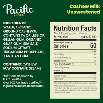 Pacific Foods Original Unsweetened Cashew Milk, Plant Based Milk, 32 oz Carton (Case of 6)