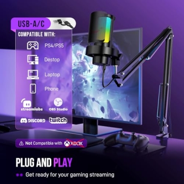 FIFINE USB Gaming Microphone Kit with Boom Arm and RGB