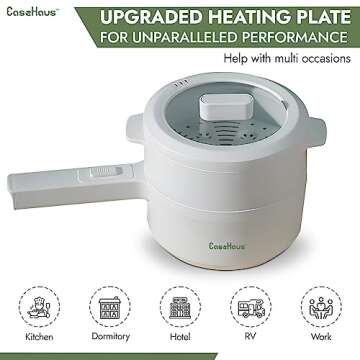 EASE HAUS - Electric Hot Pot with Steamer 1.8L Non-Stick Ceramic Glaze Coating - Perfect Cooker, Ramen Pot, travel, student and More - Dual Power Temperature, PFOA, PTFE and BPA free