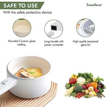 EASE HAUS - Electric Hot Pot with Steamer 1.8L Non-Stick Ceramic Glaze Coating - Perfect Cooker, Ramen Pot, travel, student and More - Dual Power Temperature, PFOA, PTFE and BPA free