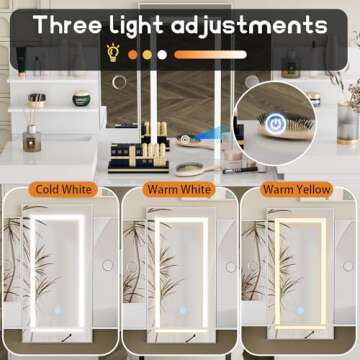 Vanity Desk with Mirror and LED Lights - Makeup Vanity with Open Storage Shelvesand 8 Drawers, 3 Col...