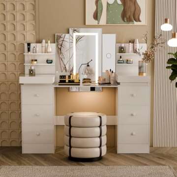 Vanity Desk with Mirror and LED Lights - Makeup Vanity with Open Storage Shelvesand 8 Drawers, 3 Color Lighting Modes Adjustable Brightness, 57" Vanity Table with Women Girls