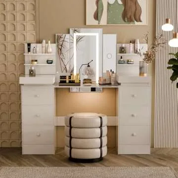 Vanity Desk with Mirror and LED Lights - Makeup Vanity with Open Storage Shelvesand 8 Drawers, 3 Color Lighting Modes Adjustable Brightness, 57" Vanity Table with Women Girls