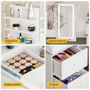 Vanity Desk with Mirror and LED Lights - Makeup Vanity with Open Storage Shelvesand 8 Drawers, 3 Color Lighting Modes Adjustable Brightness, 57" Vanity Table with Women Girls