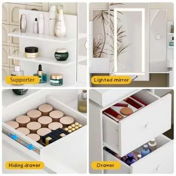 Vanity Desk with Mirror and LED Lights - Makeup Vanity with Open Storage Shelvesand 8 Drawers, 3 Color Lighting Modes Adjustable Brightness, 57" Vanity Table with Women Girls