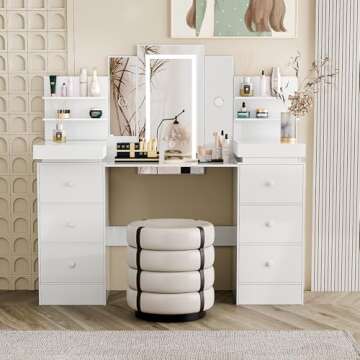 Vanity Desk with Mirror and LED Lights - Makeup Vanity with Open Storage Shelvesand 8 Drawers, 3 Color Lighting Modes Adjustable Brightness, 57" Vanity Table with Women Girls