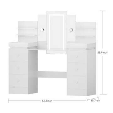 Vanity Desk with Mirror and LED Lights - Makeup Vanity with Open Storage Shelvesand 8 Drawers, 3 Color Lighting Modes Adjustable Brightness, 57" Vanity Table with Women Girls