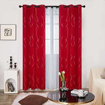 Deconovo Blackout Grommet Silver Pattern Printed Curtains, Red, 42W x 95L